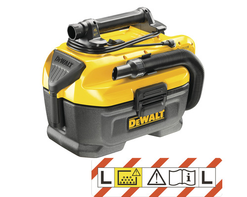 DeWalt våt- och torrdammsugare med tillbehör och varning