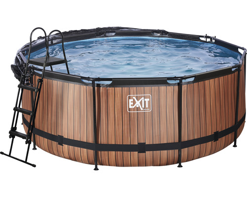 Pool EXIT WoodPool Ø360x122cm inkl. sandfilterpump, överdrag, värmepump & stege träutseende