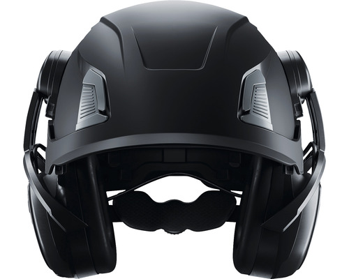 Svart skyddshjälm med integrerat hörselskydd