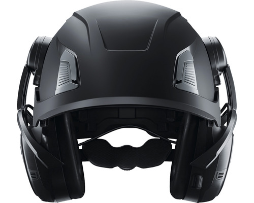 Svart skyddshjälm med integrerat hörselskydd