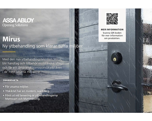 ASSA ABLOY Mirus dörrbeslag med QR-kod för mer produktinformation.