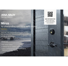 ASSA ABLOY logotyp, Mirus produktinformation om ytbehandling för dörrbeslag.