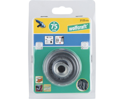 Wolfcraft koppborste med en diameter på 75 millimeter i förpackningen.