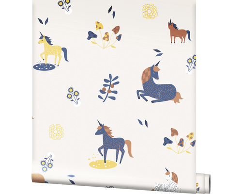 Tapet med enhörnings-, svamp- och växtmotiv för barnrum