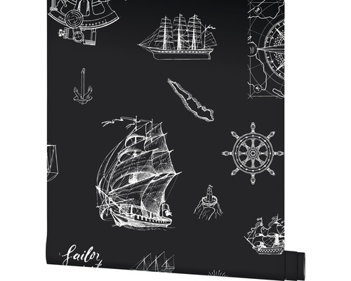 Tapet med motiv av fartyg, ankare, kompass och ratt