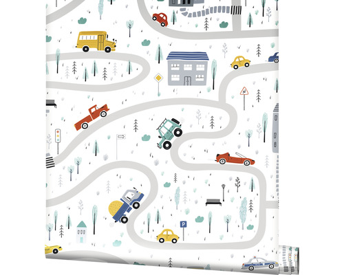 Tapet med gatumönster, fordon och byggnader