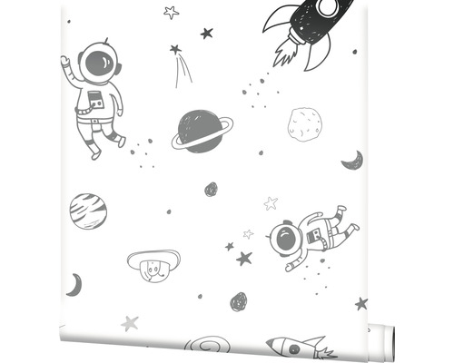 Tapetrulle med astronauter, raketer och planetmönster