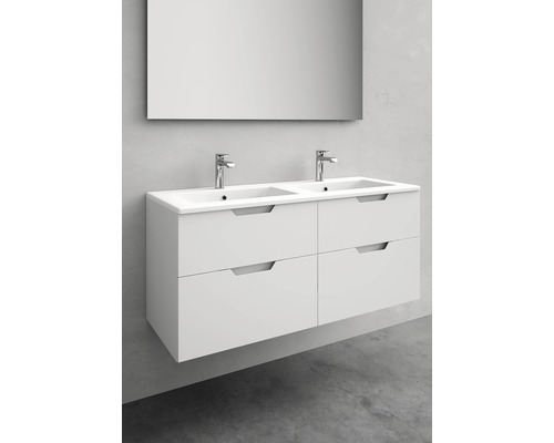 Tvättställ med dubbla handfat, underskåp, lådor och spegel