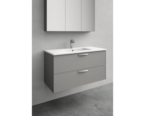 Grått tvättställsskåp med två lådor, tvättställ och spegelskåp