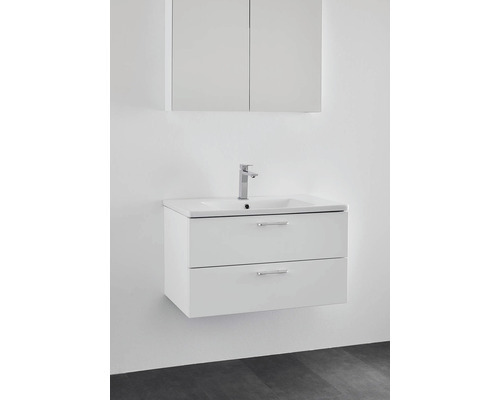 Tvättställ med två lådor, handfat och spegelskåp för badrummet.