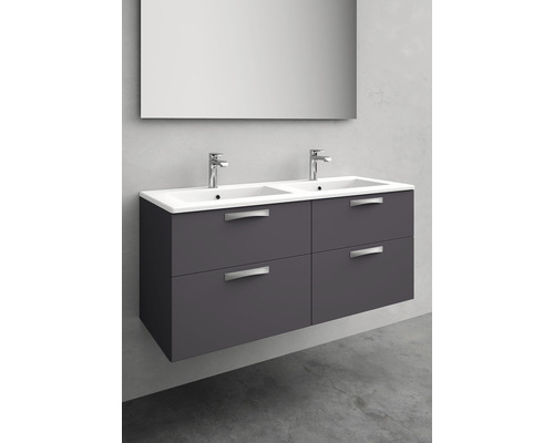 Tvättställ med två handfat, underskåp med fyra lådor och spegel