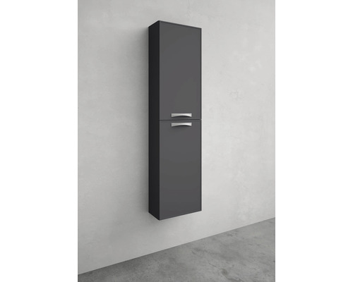 Grått badrumsskåp med två dörrar och handtag