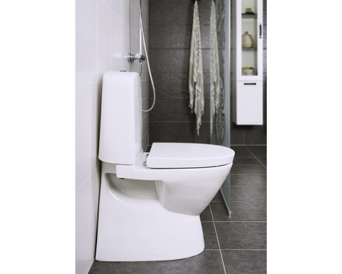 Golvstående toalett av keramik i badrummet