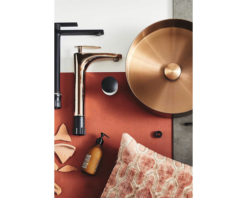 Dekorativt arrangemang med tvättställsskål, blandare, tvålpump och kudde