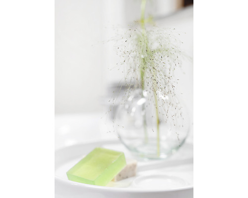 Dekorativa tvålar och en glasvas med prydnadsgräs på en vit tallrik