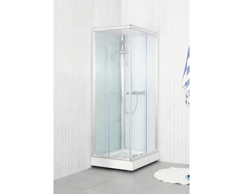 Hörndusch med skjutdörrar, duschhuvud och termostat i ett badrum