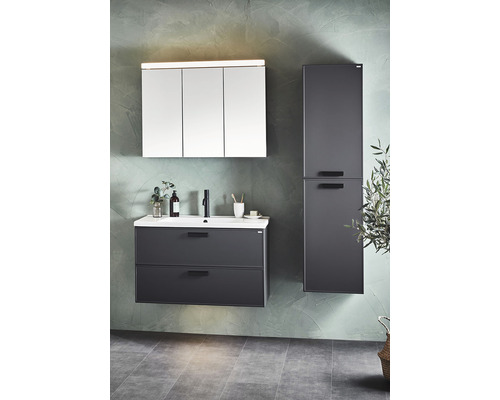 Badrum med handfat, spegelskåp och högskåp i mörk design