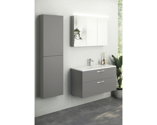 Modernt badrumsmöbelset med tvättställsskåp, spegelskåp och högskåp