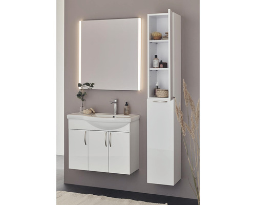 Modern badrumsmöbel med tvättställsskåp, handfat, spegelskåp med belysning och högskåp