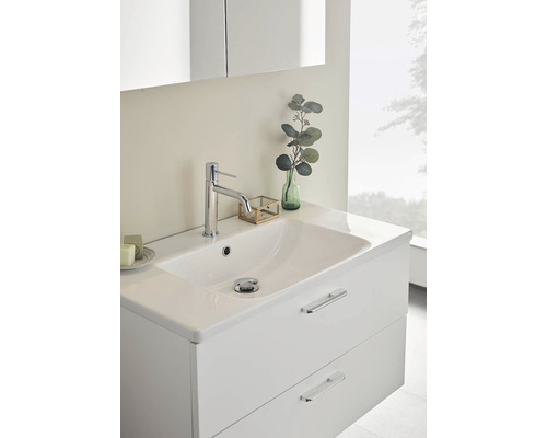 Badrumsmöbel med tvättställ, armatur och två lådor