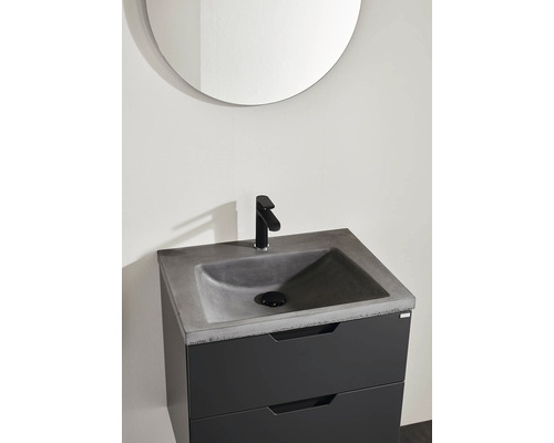 Tvättställ med underskåp, betongtvättställ och rund spegel