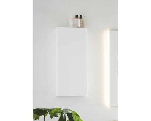 Vitt hängande skåp i badrum med vårdprodukter