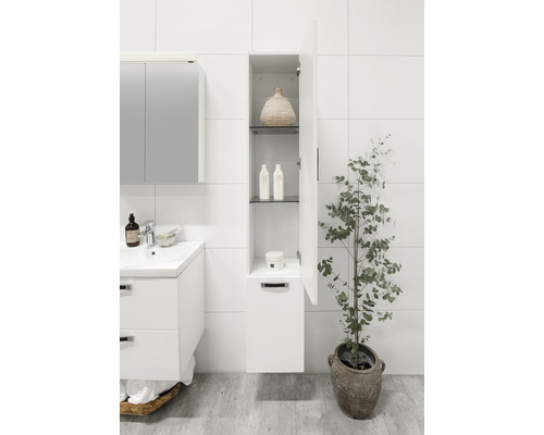 Badrum med tvättställsskåp, spegelskåp och öppet högskåp