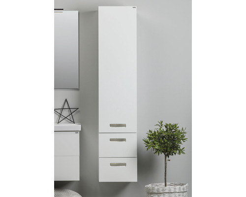 Högt badrumsskåp med tre lådor för väggmontering.