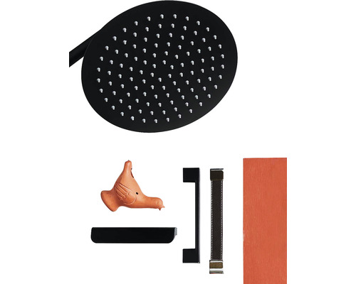 Duschhuvud, vattenleksak, vägghylla, möbelhandtag och panel