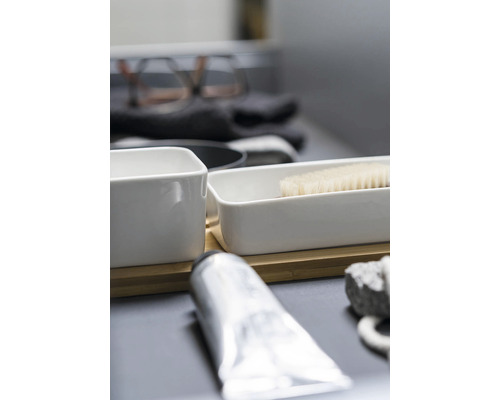 Badrumsstilleben med kosmetika, borste och hylla