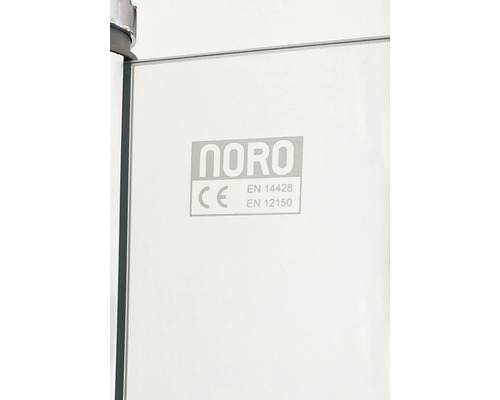 Noro-logotyp på duschkabin med CE-märkning och EN 14428 och EN 12150-standard