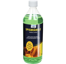 Bränsle i en genomskinlig plastflaska med vitt lock, etikett med en bild av en låga och text