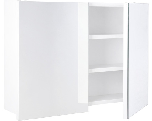 Vitt spegelskåp med två dörrar och inre hyllor för badrummet