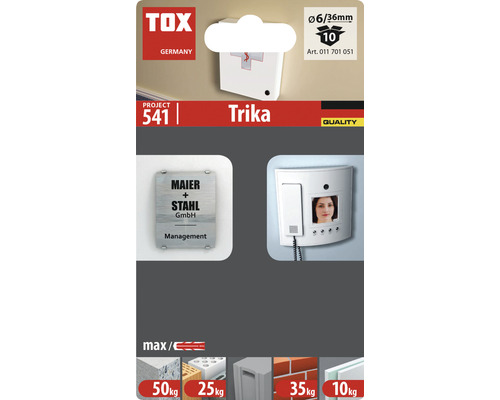 TOX Trika fästprodukt för olika material med information om bärighet