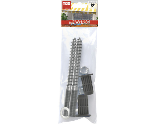 Distansmonteringssystem TOX Thermo Proof Wood M12x190mm 2-pack TOX Thermo Proof Wood skruvset M12x190/80 med två skruvar, muttrar och pluggar i en förpackning