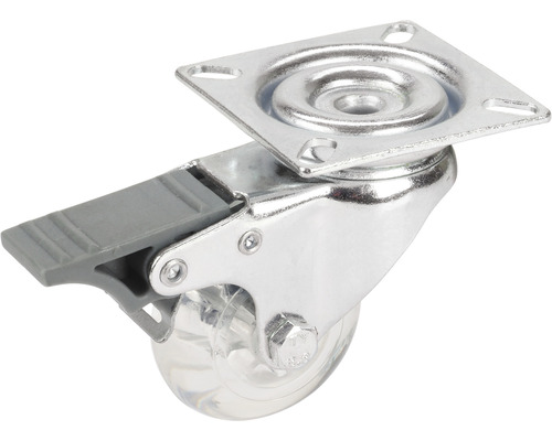 Möbelhjul med broms, metallhölje och transparent hjul