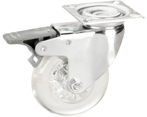 Svängbart hjul med broms, monteringsplatta och transparent rulle
