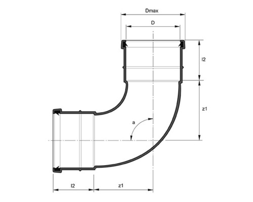 Teknisk ritning av en rörböj av plast med dimensioner