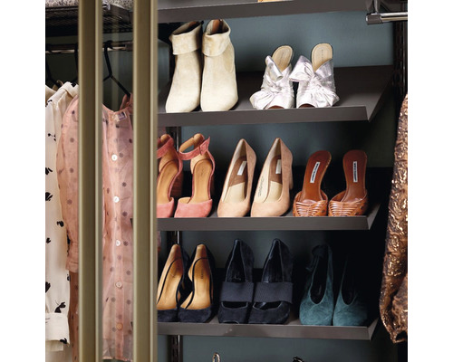 Skohylla med diverse damskor i en garderob