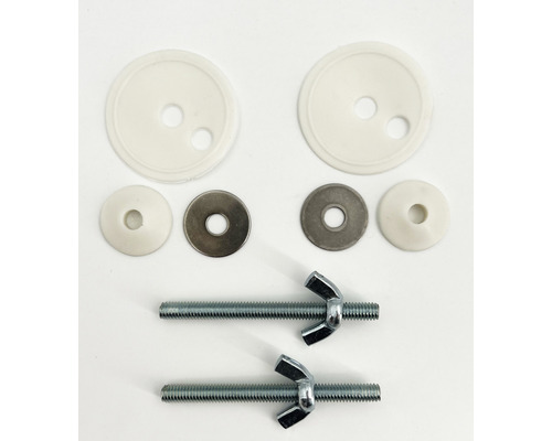 Fästsats för toalettstolar med skruvar, muttrar och brickor