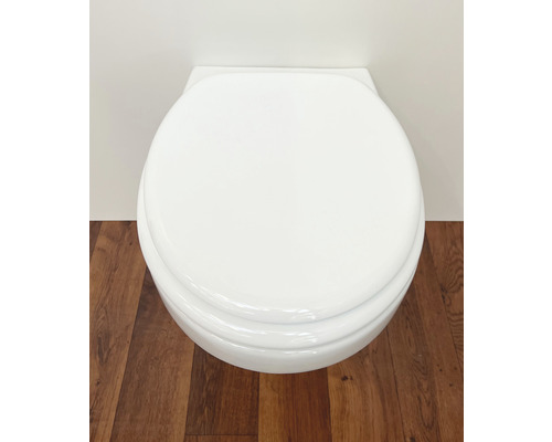 Vit vägghängd toalett med stängt lock framför en vägg