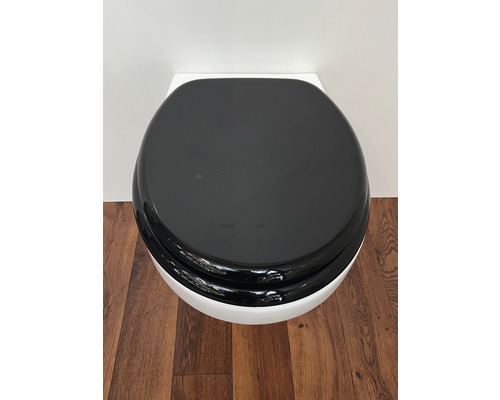 Vägghängd toalett med djup spolning och svart toalettsits