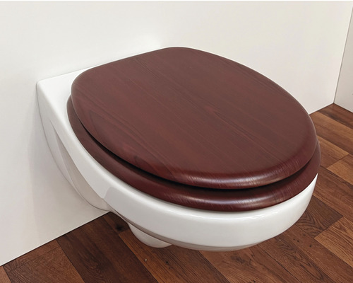 Vägghängd toalett med trä sits