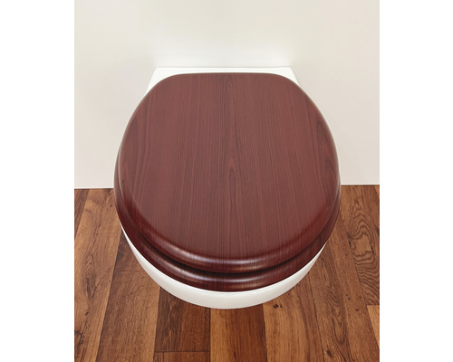 Toalett med toalettsits i träutseende