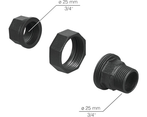 Tre smidesjärnsbeslag med en diameter på 25 mm och ett tumvärde på 3/4.