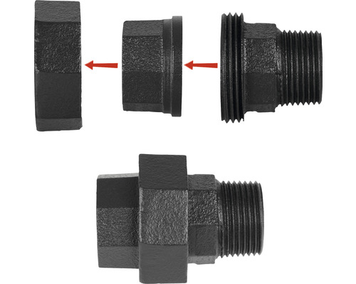 Demonterad och monterad rörkoppling i gjutjärn