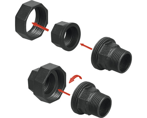 Illustration av en smidesjärnskoppling med pilar för monteringsanvisningar