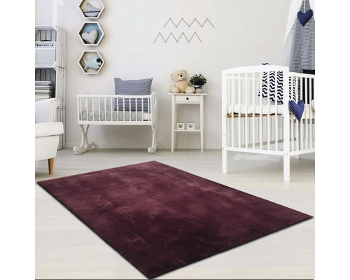 Ett barnrum med en vinröd matta, barnsängar och hyllor.