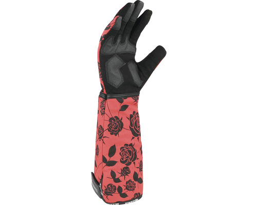 En trädgårdshandske med rosmotiv.