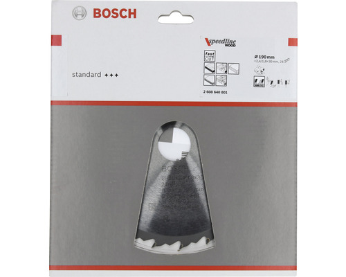 Bosch logotyp. Förpackning för en cirkelsåg Speedline Wood, 190 millimeter i diameter.